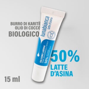 Balsamo labbra al latte d'asina 50%, olio di cocco e burro di karitè, idratante intensivo e naturale