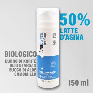 Crema corpo al latte d'asina 50%, burro di karitè, olio di argan, aloe e camomilla, idratante e nutriente naturale