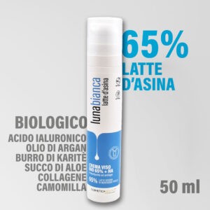 Crema viso con 50% di latte d'asina, acido ialuronico, olio di argan, burro di karitè, aloe collagene e camomilla, biologico e naturale rassodante e rimpolpante