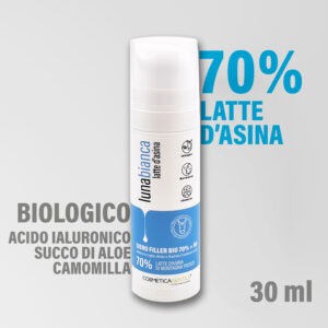 Siero filler con 70% di latte d'asina, acido ialuronico, aloe e camomilla, idratante e rimpolpante